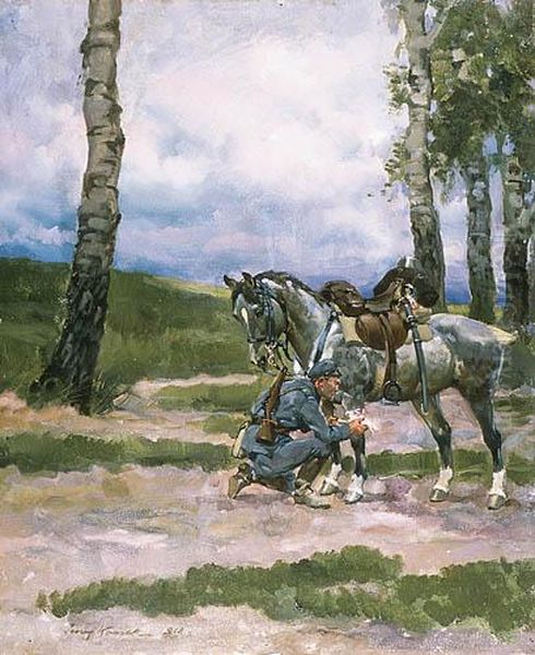 Legionista Opatrujacy Rannego W Noge Siwego Konia Oil Painting by Jerzy Kossak