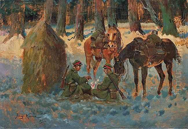 Odpoczynek Dwu Legionistow Konnych Oil Painting by Jerzy Kossak