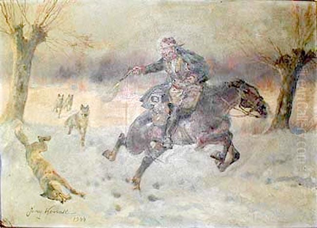 Napad Wilkow Oil Painting by Jerzy Kossak