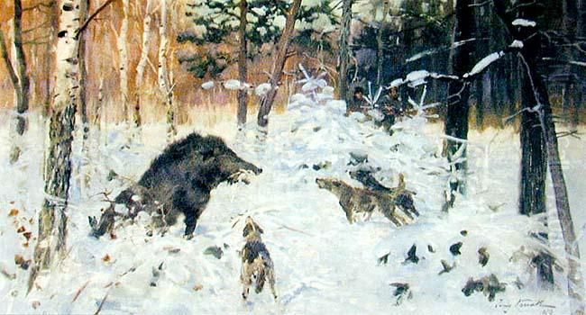 Osaczony Dzik Oil Painting by Jerzy Kossak