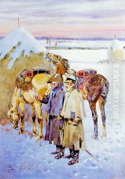 Zolnierze Napoleonscy Przy Stogu, 1930 R. Oil Painting by Jerzy Kossak