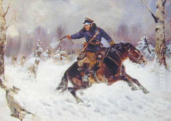 Napad Wilkow Oil Painting by Jerzy Kossak
