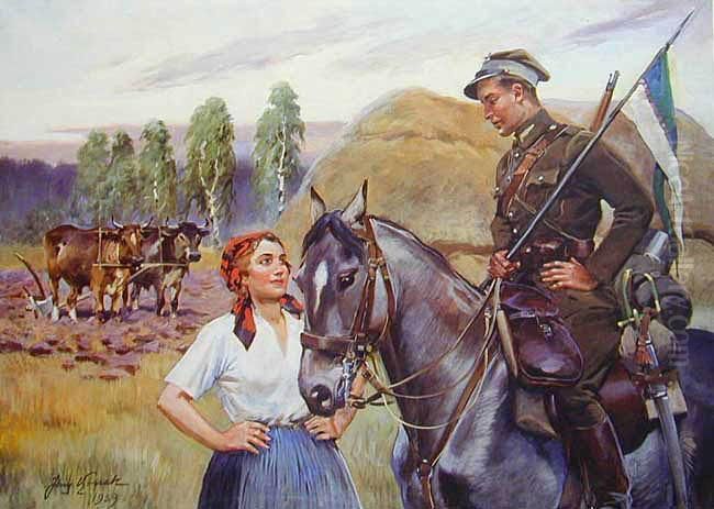 Ulan I Dziewczyna Oil Painting by Jerzy Kossak