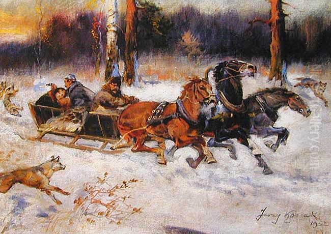 Napad Wilkow Oil Painting by Jerzy Kossak