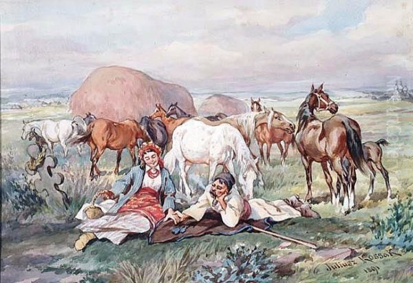 Odpoczynek W Podolskiej Stadninie Oil Painting by Juliusz Kossak