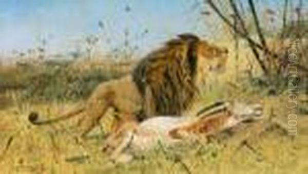 Mahnenlowe Mitgeschlagener Sabelantilope Oil Painting by Wilhelm Kuhnert