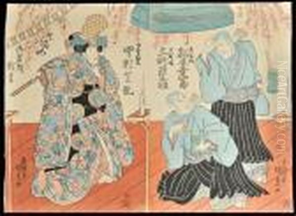 Diptych: An Actor In The Role Of A Nobleman And Two Buddhist Priests Oil Painting by Gototei Kunisada