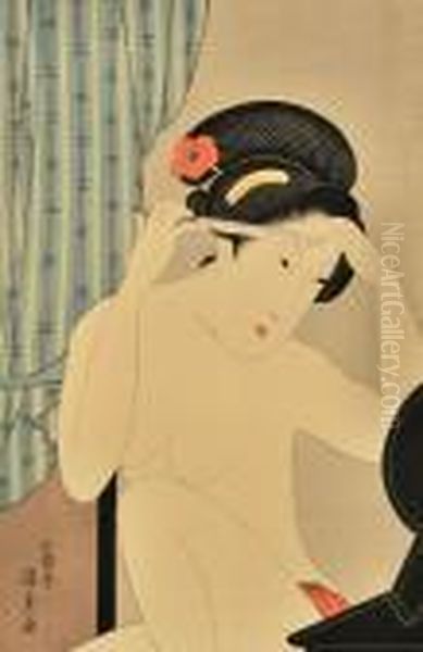 A Woman Grooming Oil Painting by Gototei Kunisada