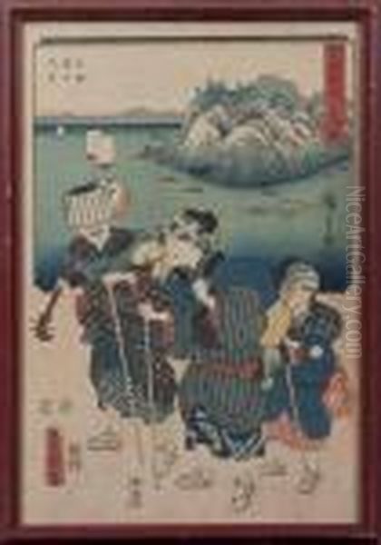 Scene A Trois Personnages Oil Painting by Kunisada