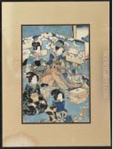 Court Lady Triptych Oil Painting by Kunisada