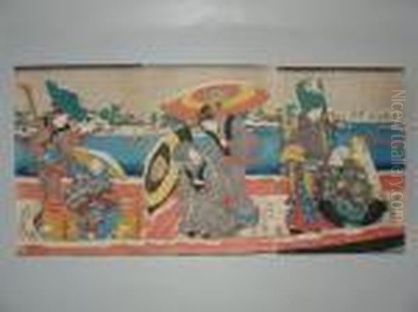 Eunes Femmes Sur Un Bateau Sous La Neige Oil Painting by Kunisada