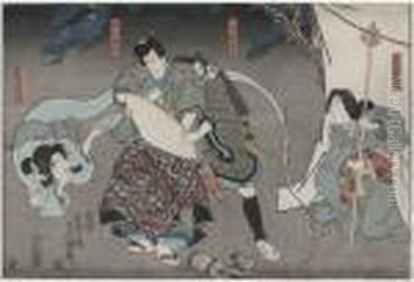 Figurscen Med Spoke Oil Painting by Gototei Kunisada