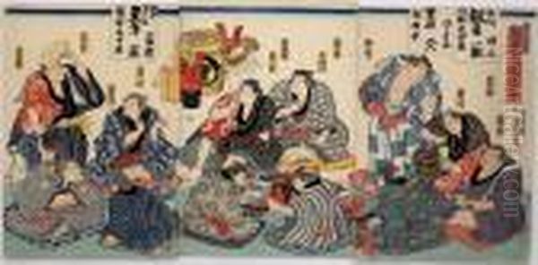 Sumo Party Oil Painting by Gototei Kunisada