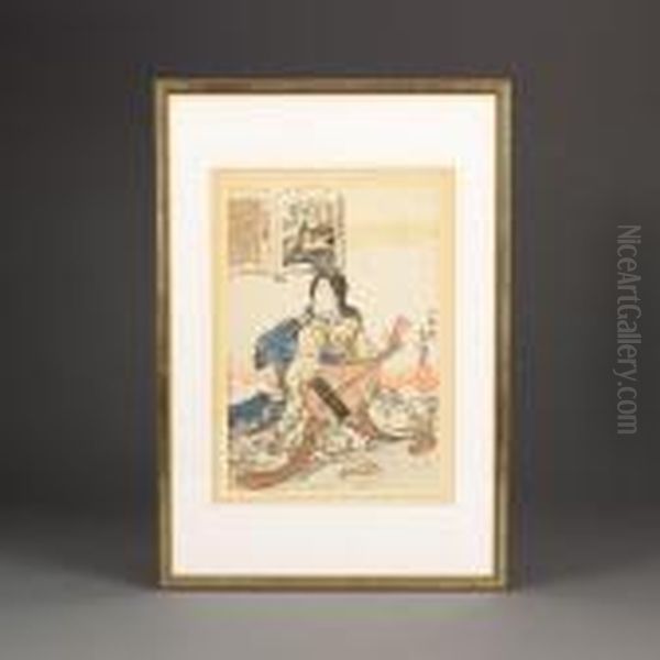 Woman With Biwa Oil Painting by Gototei Kunisada
