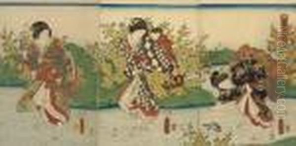 An Oban Triptych With Three 
Ladies Wading Through A Stream, One With A Child On Her Back, Another 
Bending To Pick Up Oil Painting by Gototei Kunisada