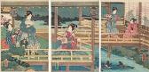 Triptych Of Women Watching Fish Oil Painting by Gototei Kunisada
