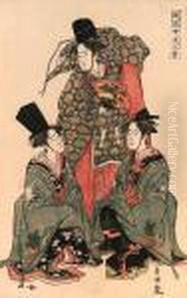 Toyokuni : Oban Tate-e ; Three 
Bijindressed Up As Sanbaso Dancers, The Print Entitled Furyu Onna 
Shikisanba [elegant Women's Sanbaso], They Represent The Men, Chichi 
Nojo, Okina And Sanbaso In The Shiki Sanba Ceremonial Dance, 
Signedtoyokuni Ga Wi Oil Painting by Gototei Kunisada