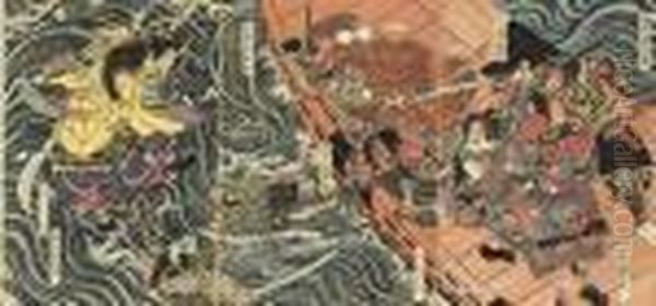 A Triptych Showing The Ghosts Of
 Tomomori And The Other Taira Warriors Slain At Dan-no-ura Attacking 
Yoshitsune And Benkei In Their Ship, The First Of Kuniyoshi's Historical
 Triptychs, Good Impression, Colour And Condition, Full Size; And Five 
Sim Oil Painting by Utagawa Kuniyoshi