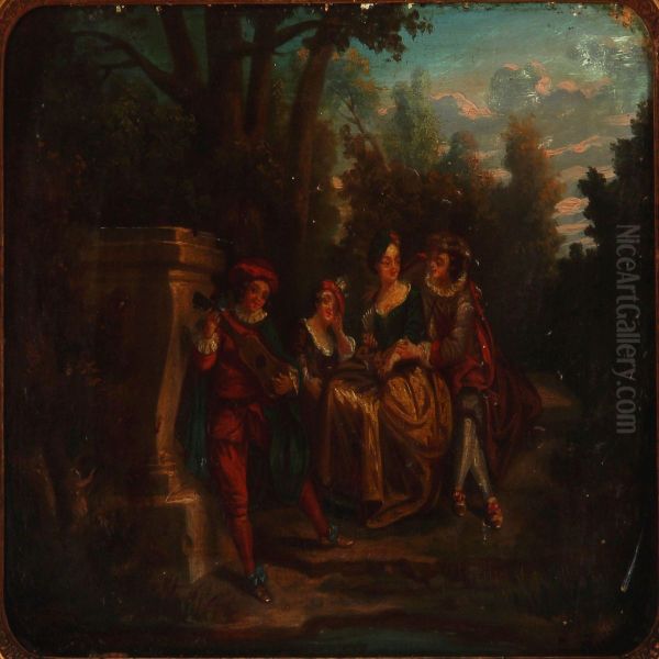 A Pair Of Gallant Scenes With Young People Enjoying Music In A Park Oil Painting by Nicolas Lancret