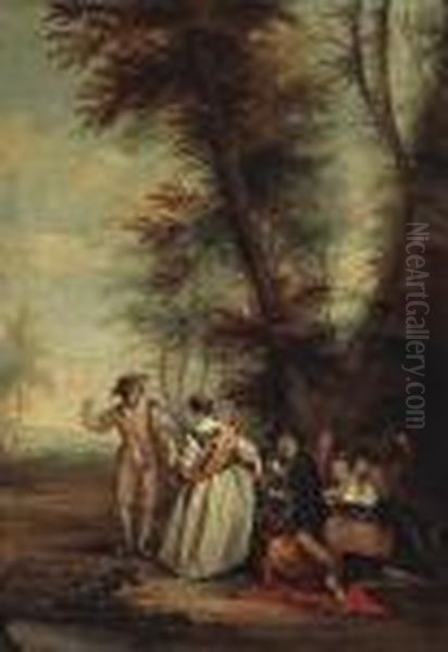 A Fete Galante; And A Companion Painting (a Pair) Oil Painting by Nicolas Lancret
