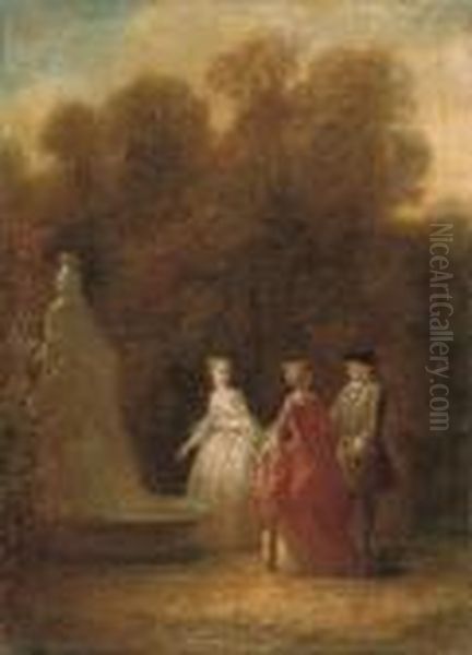 Elegant Figures By A Fountain In
 A Landscape; And Elegant Figuresby An Urn In A Landscape Oil Painting by Nicolas Lancret