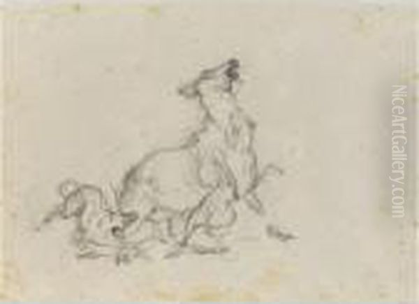 Studies Of A Cow Attacked By Dogs, And A Hind Beingbrought Down By Dogs Oil Painting by Landseer, Sir Edwin