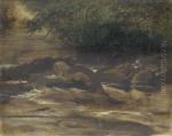 A River Scene, With An Otter Eating A Fish, A Sketch Oil Painting by Landseer, Sir Edwin