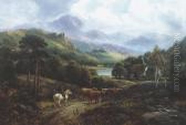 ````at Tarbert Loch Lomond' 
Highland Landscape With Mounted Drover Cattle And Farmstead, Signed Oil 
On Canvas Oil Painting by William Langley