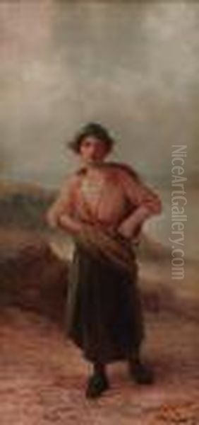A Girl On A Beach; And A Girl Resting By A Plinth In A Garden Oil Painting by William Langley