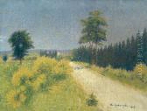 Route De Belveze Vers Le Relais 
(1918)huile Sur Toile. Signee Et Datee En Bas A Droite. 53 Oil Painting by Achille Lauge