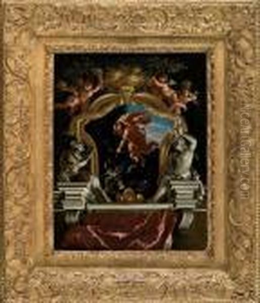 Etude De Plafond Avec Apollon Tuant Le Serpent Python Oil Painting by Cirlce Of Filippo Lauri