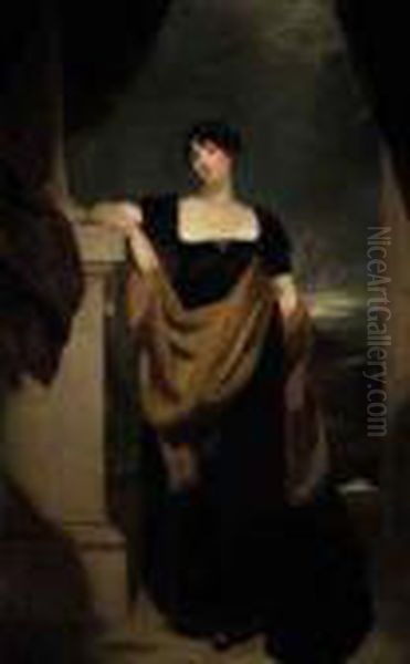 Portrait Of Mrs James Du Pre 
(1779-1821), Full-length, In A Darkdress By A Pedestal Of A Column, A 
Mountainous Landscapebeyond Oil Painting by Sir Thomas Lawrence