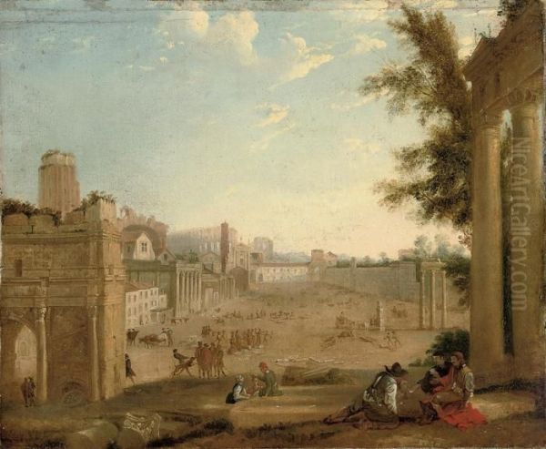 The Campo Vaccino, Rome, With Figures Gambling Amongst Ruins Oil Painting by Claude Lorrain (Claude Gellee)