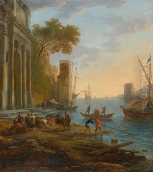 Mediterranean Harbour Landscape With Architectural Motif Andfishermen At The Shore. Oil Painting by Claude Lorrain (Claude Gellee)