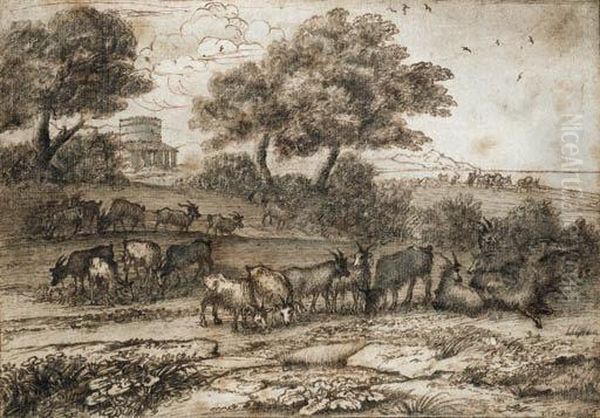 An Extensive Mediterranean Landscape With A Tower And A Herd Ofgoats Oil Painting by Claude Lorrain (Gellee)