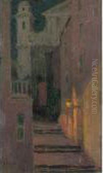 La Rue De L'eglise Au Clair De Lune, Villefranche-sur-mer Oil Painting by Henri Eugene Augustin Le Sidaner
