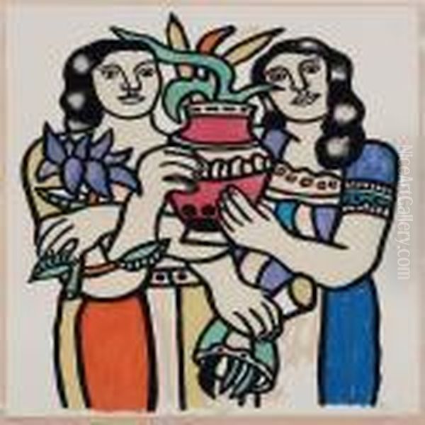 Two Women With A Vase Oil Painting by Fernand Leger