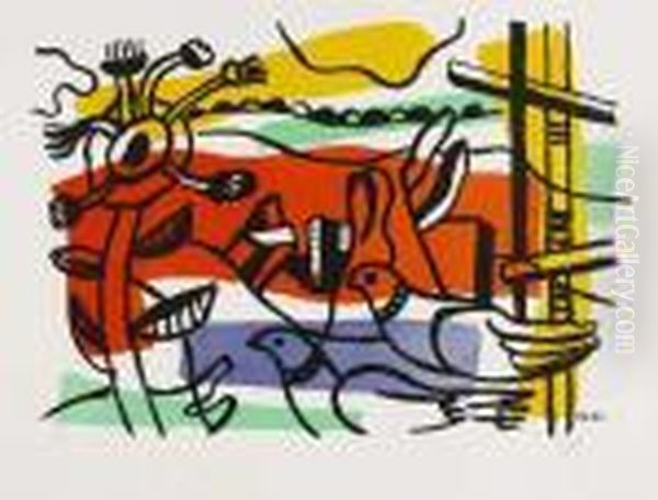 Composition Aux Deux Oiseaux. Oil Painting by Fernand Leger