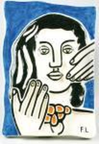 Visage Aux Deux Mains Sur Fond Bleu Oil Painting by Fernand Leger