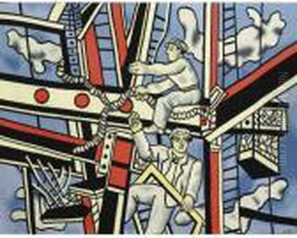 Les Constructeurs Sur Un Fond Bleu Oil Painting by Fernand Leger