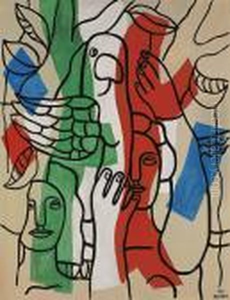 Les Deux Femmes A L'oiseau Oil Painting by Fernand Leger
