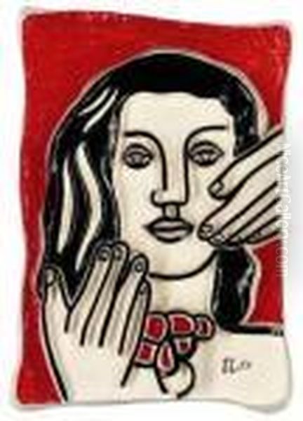 Visage Aux Deux Mains Sur Fond Orange Oil Painting by Fernand Leger