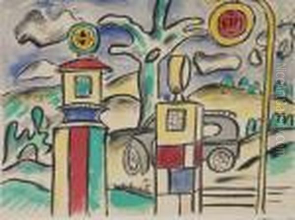 Landscape With Car And Gate Posts Oil Painting by Fernand Leger
