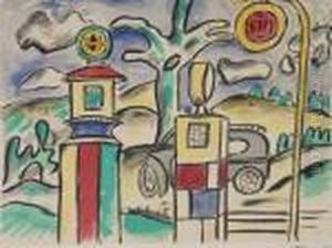Landscape With Car And Gate Posts