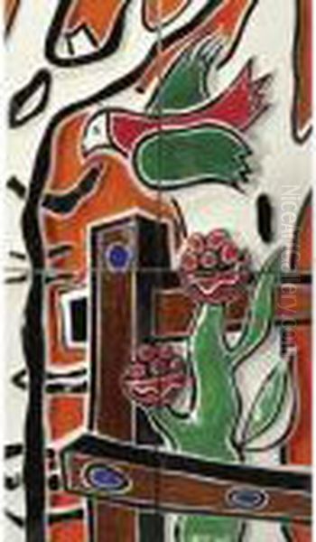 Oiseau A La Fleur, Fond Orange Oil Painting by Fernand Leger