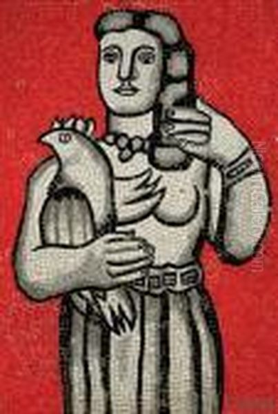 Femme A L'oiseau Sur Fond Rouge Oil Painting by Fernand Leger