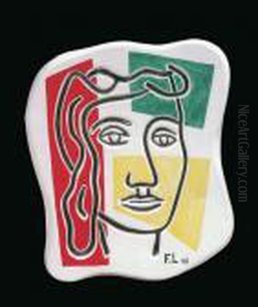 Tete De Femme En Couleurs En Dehorsrouge Vert Jaune Oil Painting by Fernand Leger