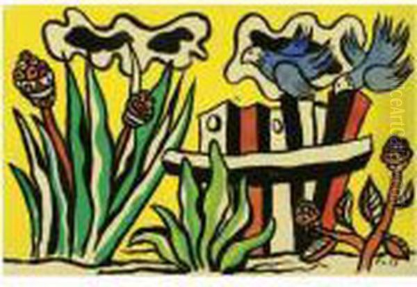 Deux Oiseaux Bleus Dans Le Paysage Oil Painting by Fernand Leger
