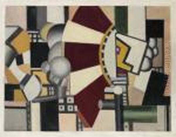 La Roue Rouge (composition A La Roue I) Oil Painting by Fernand Leger