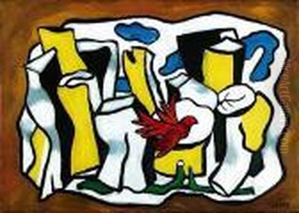 Un Oiseau Rouge, Des Branches Devant Des Troncs D'arbre Oil Painting by Fernand Leger